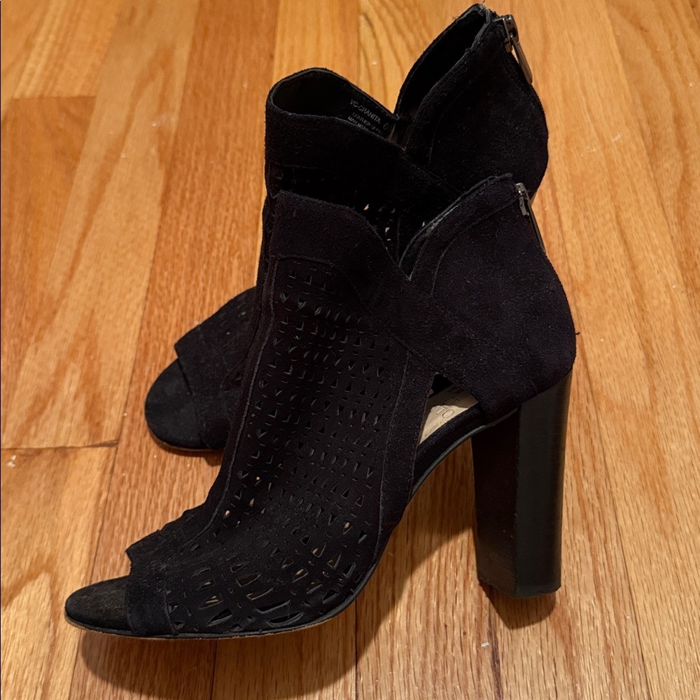Vince Camuto Black Suede Open Toe Booties - Picture 2 of 7